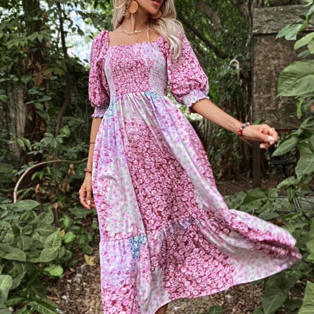 Boho Pink Floral Print Puff Sleeve Ruffle Dress Cottagecore - Picture 3 of 5